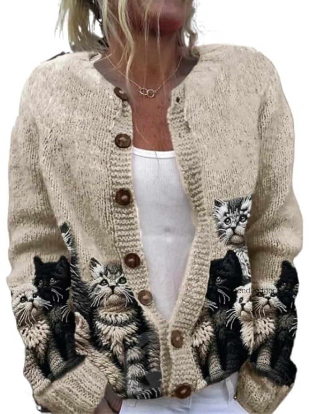 Oversized Cat Cardigan Sweater for Women Wool Cotton Knit Y2K Button Front